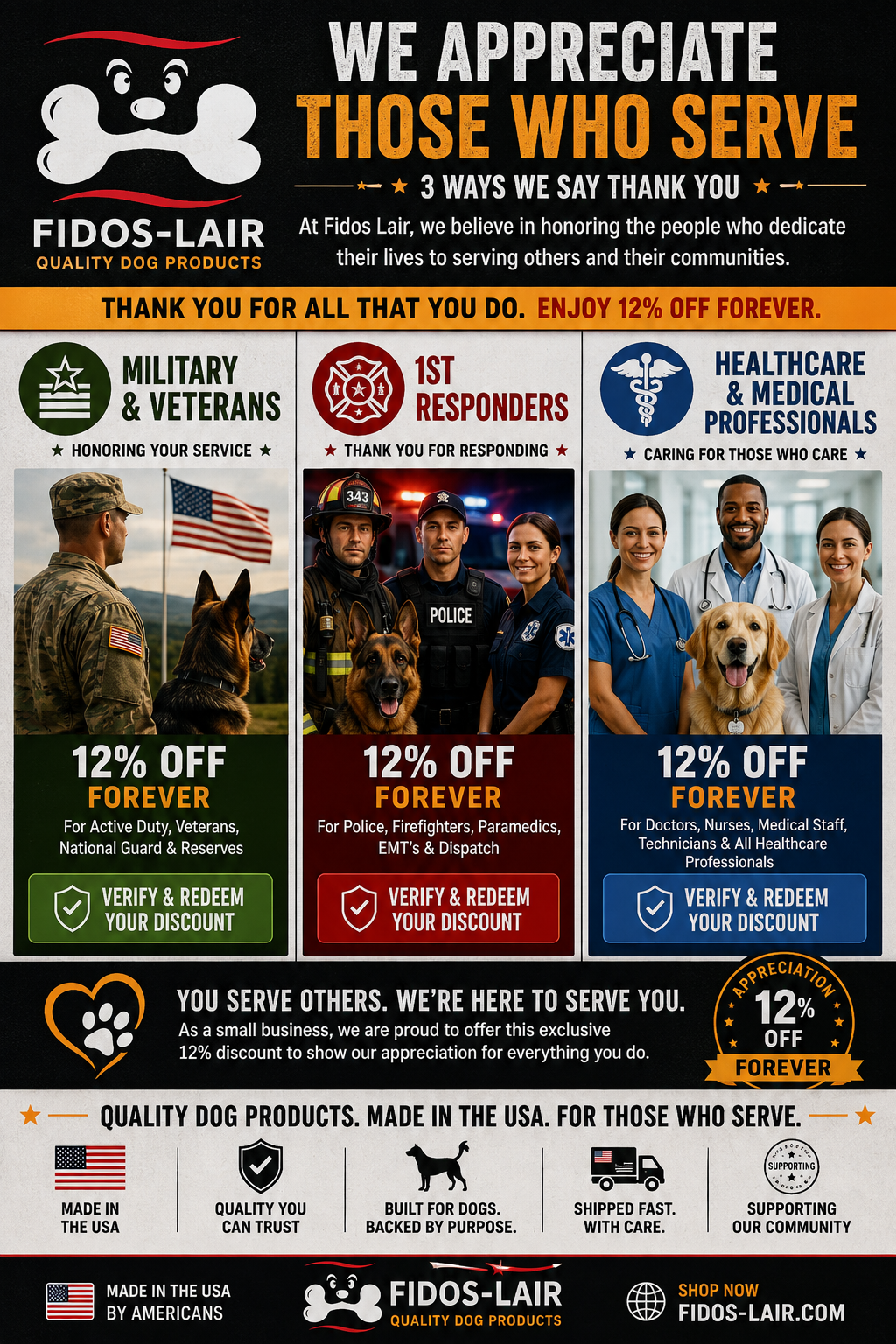 Fidos Lair - Military, First Responder, and Healthcare Discount Program for American Made Dog Gear