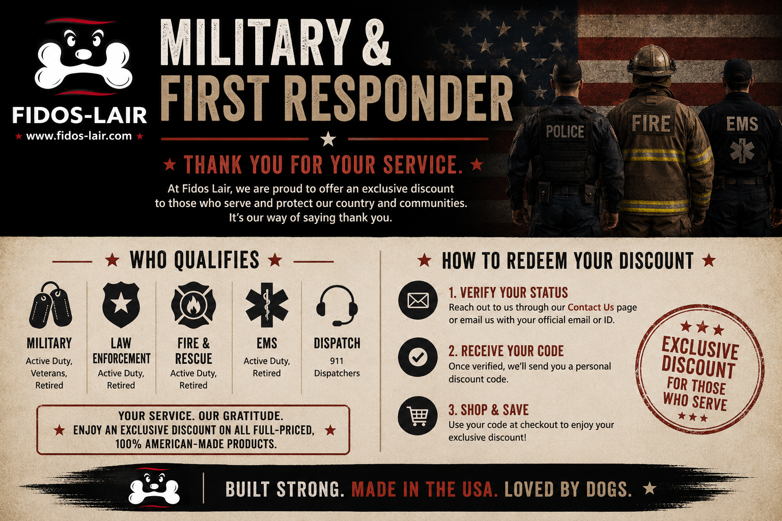 Fidos Lair - Military and First Responder Discount Program for American Made Dog Gear