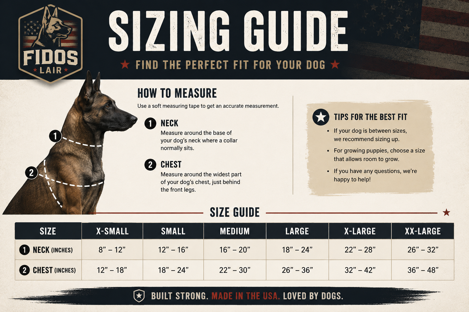 Fidos Lair - Dog Sizing Guide and Measurement Chart for Pet Gear