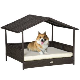 Wicker Dog Bed Outdoor Elevated With Rattan Canopy Cushioned PE Rattan Dog Sleeping Pad Cream