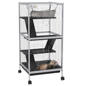 PawHut Metal Small Animal Cage Rolling Big Ferret Cage, Chinchilla Cage, Sugar Glider Cage, with Hammock & 4 Tiers, Removable Tray, White