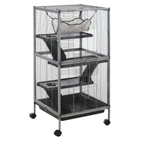 PawHut Large Metal Small Animal Cage with Hammock 4 Tiers & Removable Tray Gray Extra Space for Ferrets Chinchillas