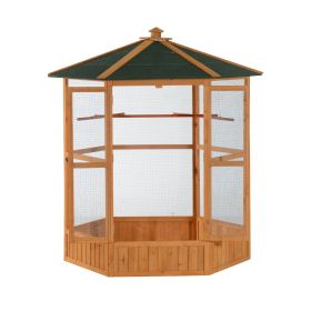 PawHut 69" Large Wooden Bird Aviary Hexagonal Outdoor Aviary Flight Bird Cage With Covered Roof, Brown