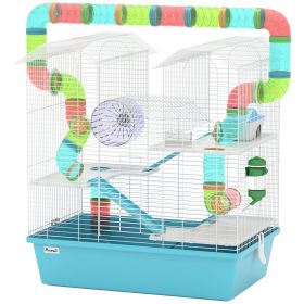 PawHut 4-Tier Hamster Cage with Tubes, Exercise Wheel, Hut, Water Bottle, Food Dish, Ramps, 22.8" x 14.2" x 25.6", Light Blue