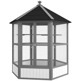 PawHut 69" Outdoor Wooden Hexagonal Aviary, Flight Bird Cage, Covered Roof, Weather-Resistant, Light Gray