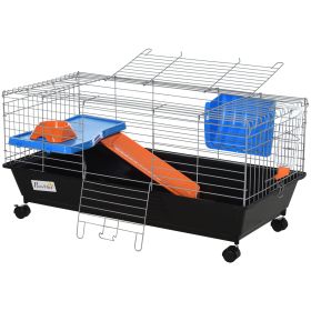 PawHut 35L Bunny Hutch Rolling Small Animal Cage Guinea Pig Home with Food Dish Water Bottle Hay Feeder Ramp Black