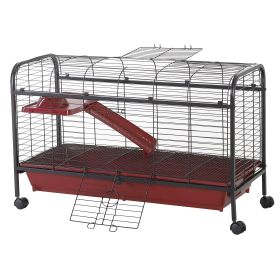 PawHut 41"L Small Animal Cage, Rabbit Guinea Pig Hutch, Ferret Pet Play House with Feeder, Rolling Wheels, Platform & Ramp, Red/Black