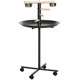 PawHut Bird Feeder Stand Portable Parrot Perch Play Stand with Wheels Stainless Steel Bowls Round Tray Grey