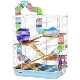 PawHut 5-Tier Hamster Cage, Portable Animal Travel Carrier with Exercise Wheels, Tube, Light Blue