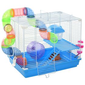 PawHut 2-Tier Hamster Cage Gerbil House with Portable Carry Handles, Anti-Pinning, Plastic Tray, Water Bottle, Food Dishes, Blue