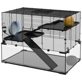PawHut 31" Gerbil Cage with Glass Basin Ramps Platforms Hut Exercise Wheel Black for Small Hamsters