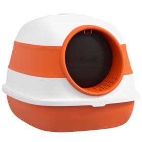 PawHut Cat Litter Box with Lid, Covered Litter Box w/High Sides, Two-Way Entrance Kitty Litter Box, Foldable, Easy Clean, White and Orange