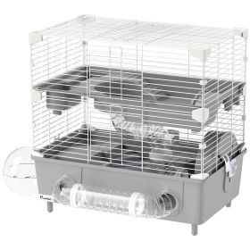 PawHut 2-Tier Hamster Cage with Sand Bathroom, Running Wheel, Water Bottle, Tubes, Accessories, for Dwarf Hamster, Gray