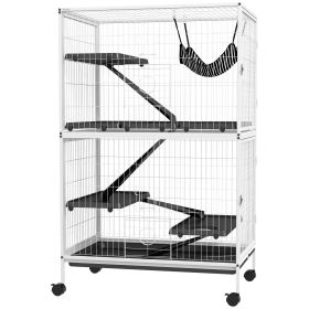 PawHut Rolling Small Pet Cage, 50" High with Hammock, Ideal for Ferrets & Chinchillas, 4 Access Doors, Silver