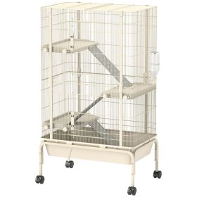 PawHut 47" Small Animal Cage, 4 Levels Large Rolling Metal Ferret Cage w/ 5.9" Deep Tray, Ramps, Water Bottle, Food Dish, Beige