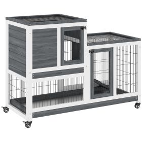 PawHut Wooden Rabbit Hutch Elevated Bunny Cage Indoor Small Animal Habitat with Enclosed Run with Wheels, Ramp, Removable Tray Ideal for Guinea Pigs