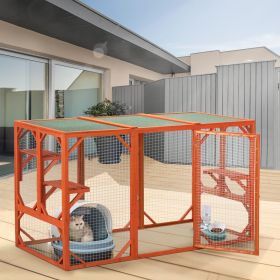 Wooden Cat House;  Outdoor Cat Cage with Water-proof Asphalt Planks and Cat Perches;  Orange