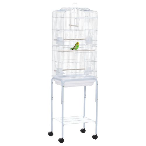 PawHut 60" Metal Indoor Bird Cage Starter Kit with Detachable Rolling Stand, Storage Basket, and Accessories, White