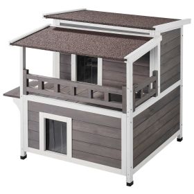 Outdoor Cat House 2-story Wooden Feral Cat Shelter with Balcony & Roof
