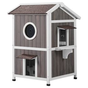 Outdoor Cat House 2-story Wooden Feral Cat Shelter with Roof & Door Flaps