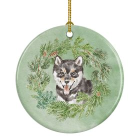 Shiba Inu Puppy Black Sesame Christmas Wreath Ceramic Ornament Christmas Tree Hanging Decorations for Home Christmas Holiday, Party, Gift, 3 in