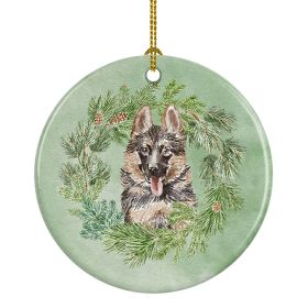 German Shepherd Puppy Smiling Christmas Wreath Ceramic Ornament Christmas Tree Hanging Decorations for Home Christmas Holiday, Party, Gift, 3 in
