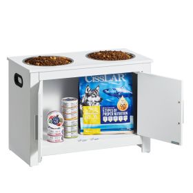 a Pet Feeding Station w/ 2 Elevated Dog Bowls Dog Food & Toy Storage Cabinet