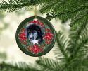 Newfoundland Puppy Poinsetta Wreath Ceramic Ornament Christmas Tree Hanging Decorations for Home Christmas Holiday, Party, Gift, 3 in, Multicolor