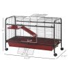 PawHut 41"L Small Animal Cage, Rabbit Guinea Pig Hutch, Ferret Pet Play House with Feeder, Rolling Wheels, Platform & Ramp, Red/Black