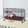 PawHut 41"L Small Animal Cage, Rabbit Guinea Pig Hutch, Ferret Pet Play House with Feeder, Rolling Wheels, Platform & Ramp, Red/Black
