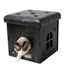 Pet Life Foldaway Collapsible Designer Cat House Furniture Bench (Color: black)