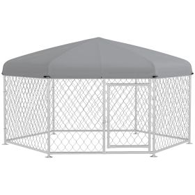 PawHut 6.9' x 6.1' x 4.9' Dog Kennel Outdoor Dog Run with Waterproof, UV Resistant Roof, Lockable Door, for Medium and Large-Sized Dogs, Silver (Color: as Pic)