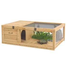 PawHut Wooden Tortoise House Indoor Turtle Habitat Enclosure Outdoor Reptile Cage for Lizards, Geckos, Yellow (Color: as Pic)