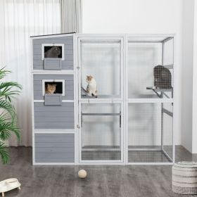 Large Wooden Cat Enclosure with Waterproof Roof and Platforms, Gray (Color: As Picture)