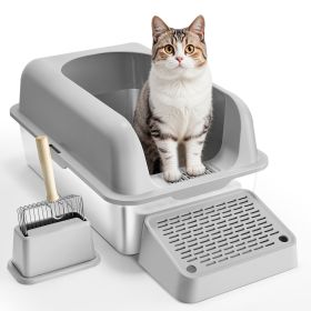 6 in Deep Cat Litter Box Odor-Free Litter Box with Filtering Foot Board (Color: Light Gray)