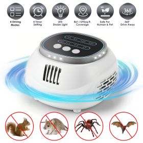 Ultrasonic Rodent Chaser Rat Repellent Pest Driver Mouse Control Squirrel Repeller with 4 Modes 4-65KHz Strobe Light 4 Timer 1292sq.ft. Coverage for R (Color: White)