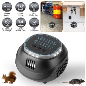 Ultrasonic Rodent Chaser Rat Repellent Pest Driver Mouse Control Squirrel Repeller with 4 Modes 4-65KHz Strobe Light 4 Timer 1292sq.ft. Coverage for R (Color: black)