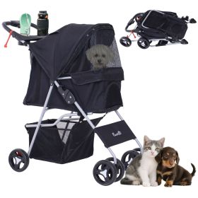 Dog Stroller, One-click Folding Pet Stroller with Cup Holder, 4 Wheels Travel Carrier w/ Brakes, 360° Swiveling Front Wheels, Storage Basket (Color: black)