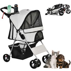 Dog Stroller, One-click Folding Pet Stroller with Cup Holder, 4 Wheels Travel Carrier w/ Brakes, 360° Swiveling Front Wheels, Storage Basket (Color: Grey)